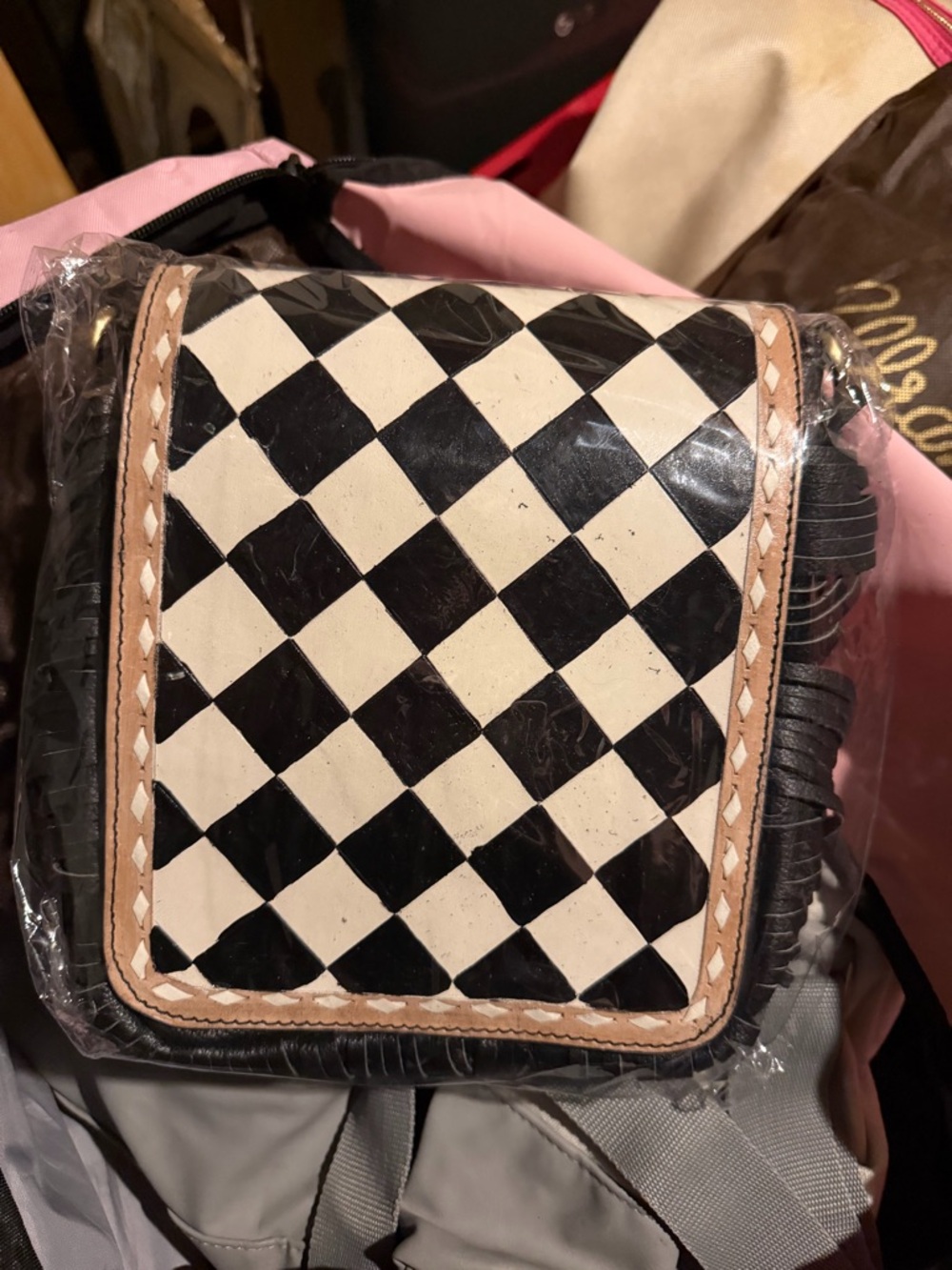 Black & White Checker Crossbody Bag with Tan Trim